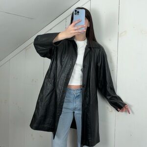Oversized Black Leather Button-Front Jacket